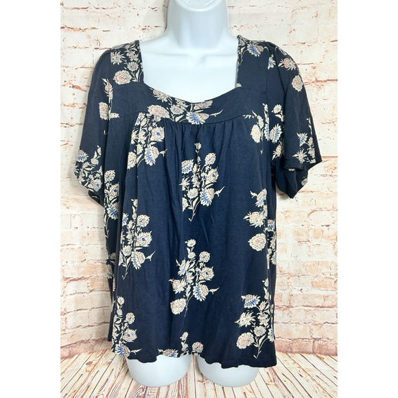 Lucky Brand Peasant Boho Top Size Large Short Sleeve Blue Floral Bohemian Blouse - Picture 4 of 4
